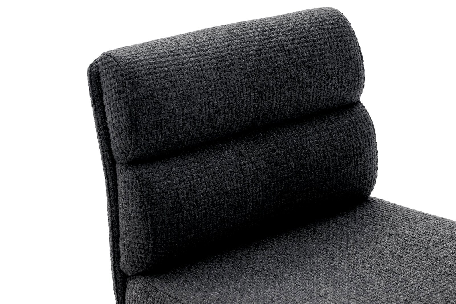 Nahaufnahme eines dunkelgrauen Barstuhls mit gepolsterter Rückenlehne in seitlicher Perspektive.