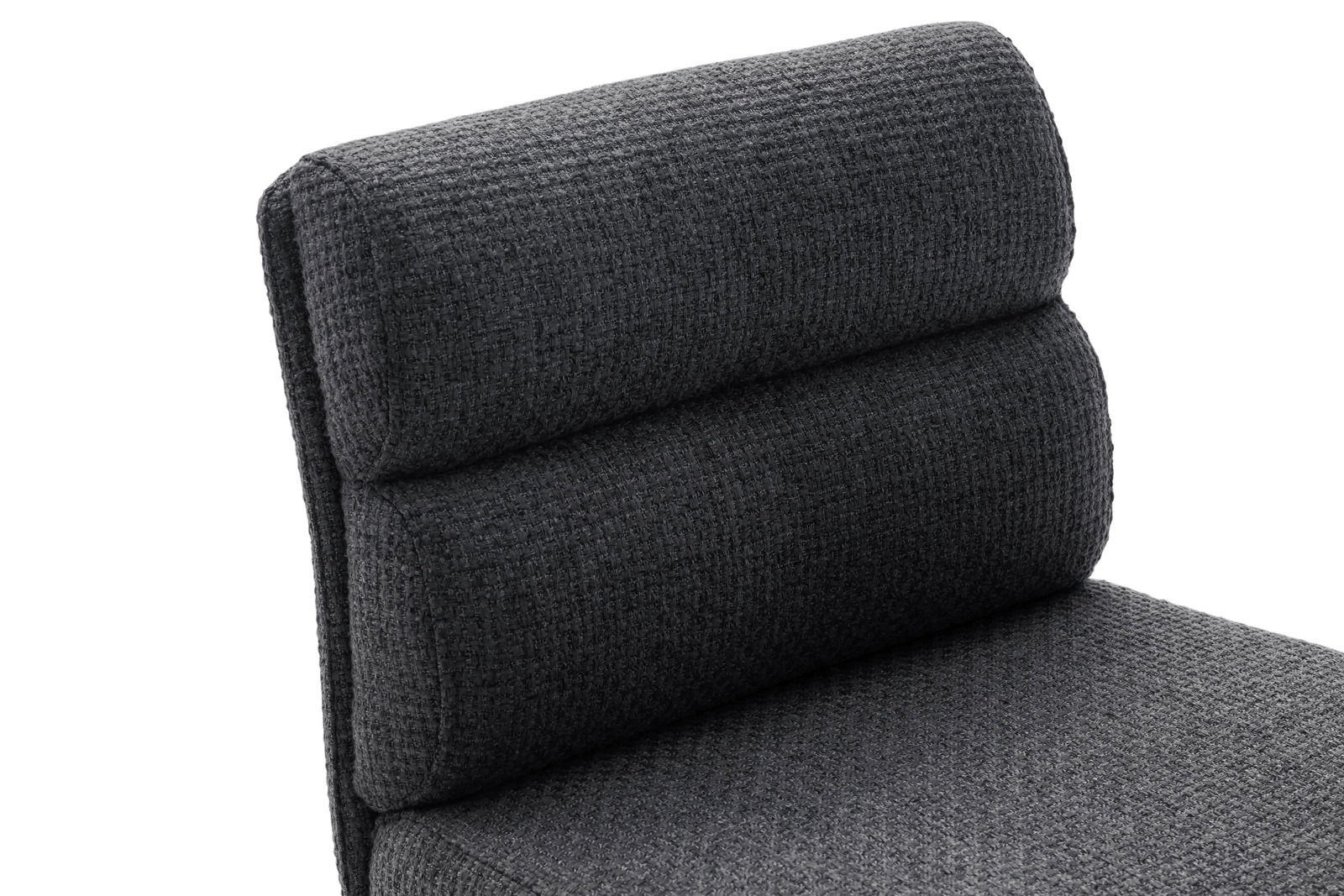 Nahaufnahme eines dunkelgrauen Barstuhls mit gepolsterter Rückenlehne in seitlicher Perspektive.