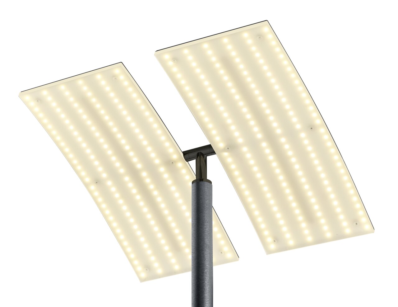 Moderne staande lamp ANDY met twee rechthoekige ledpanelen, gezien van onderaf.