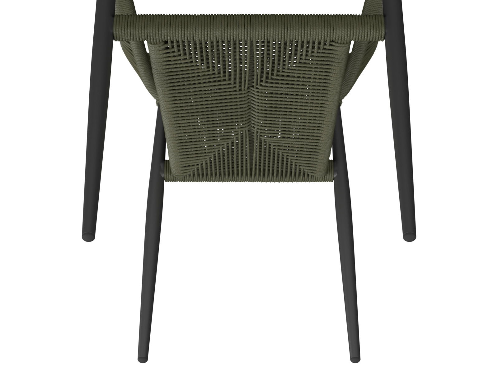 Stapelsessel von oben mit geflochtener Sitzfläche und dunklen Beinen