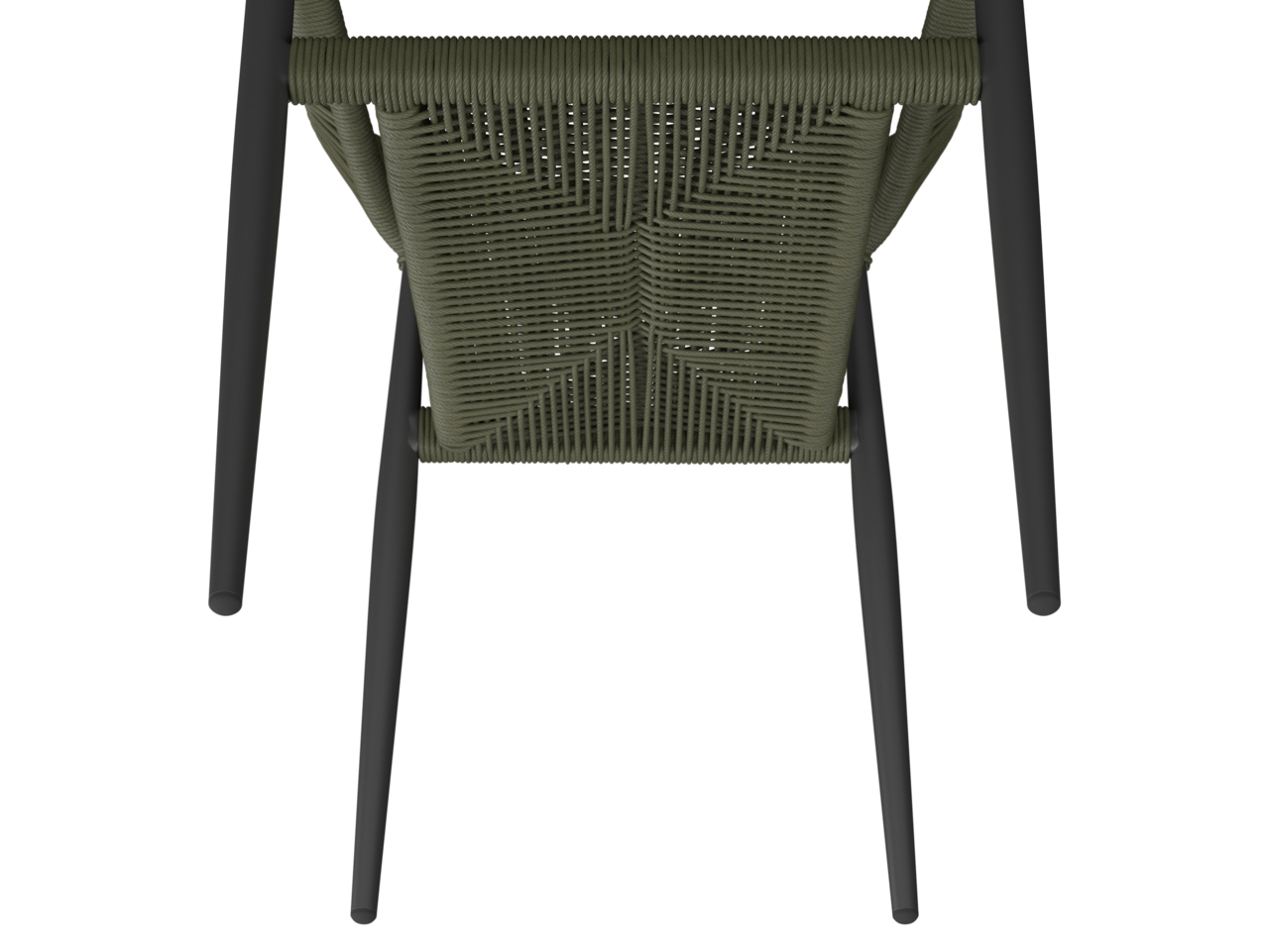 Stapelsessel von oben mit geflochtener Sitzfläche und dunklen Beinen