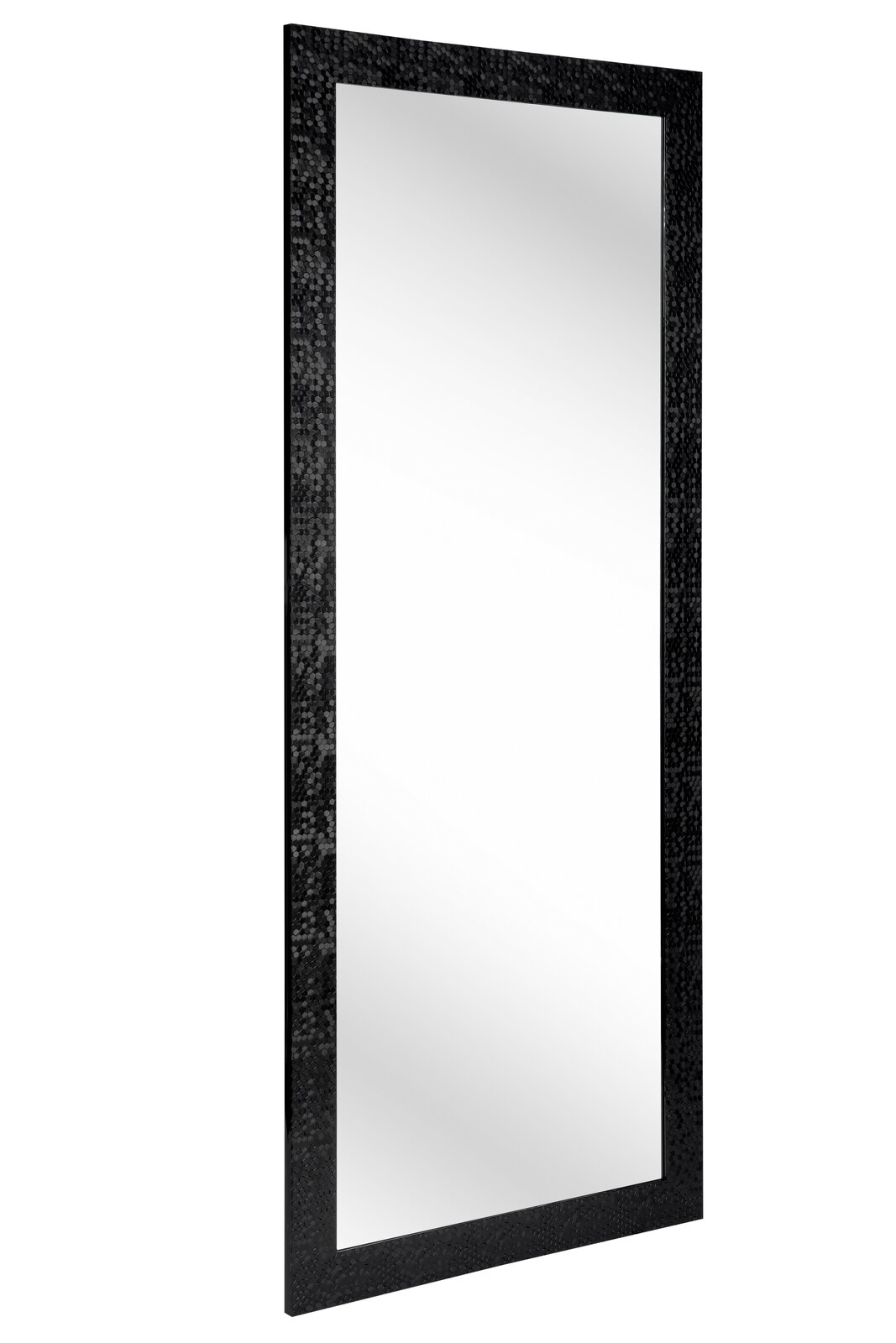 Rechteckiger Spiegel mit schwarzem, strukturiertem Rahmen, seitliche Perspektive