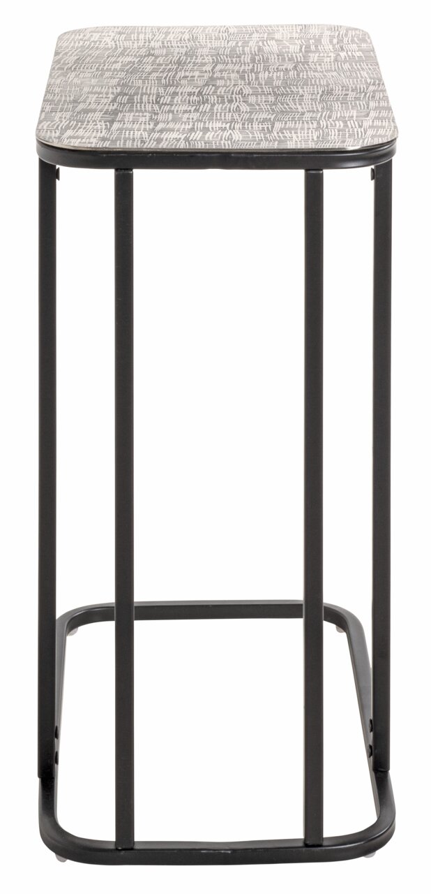 Moderner Beistelltisch mit gemusterter Tischplatte und schwarzem Metallgestell, Frontalansicht.