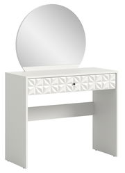 Weißer Schminktisch mit rundem Spiegel und geometrisch gemusterter Schublade, seitliche Perspektive