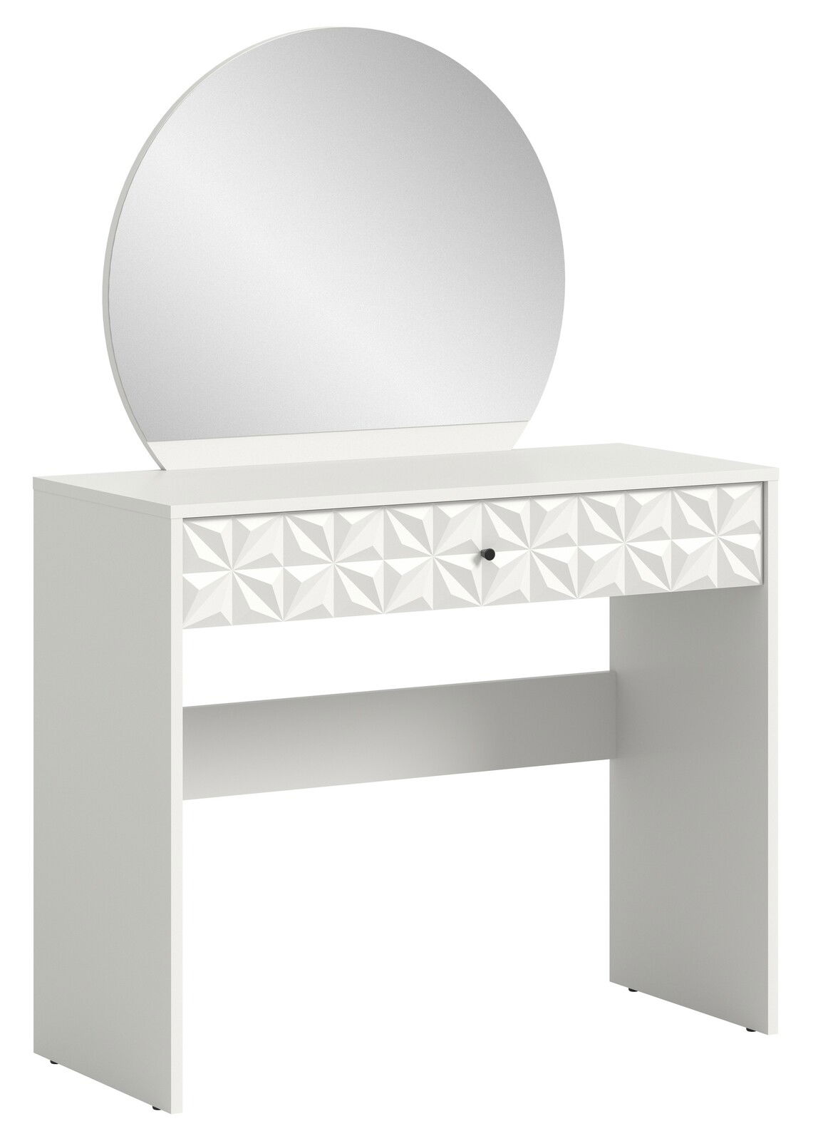 Weißer Schminktisch mit rundem Spiegel und geometrisch gemusterter Schublade, seitliche Perspektive