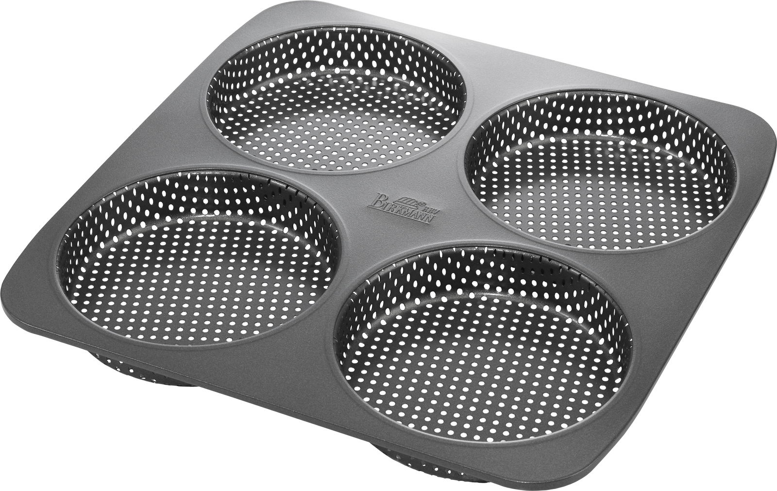 Burger Brötchen-Blech mit vier runden Formen, perforiert für gleichmäßiges Backen, aus schräger Perspektive fotografiert.