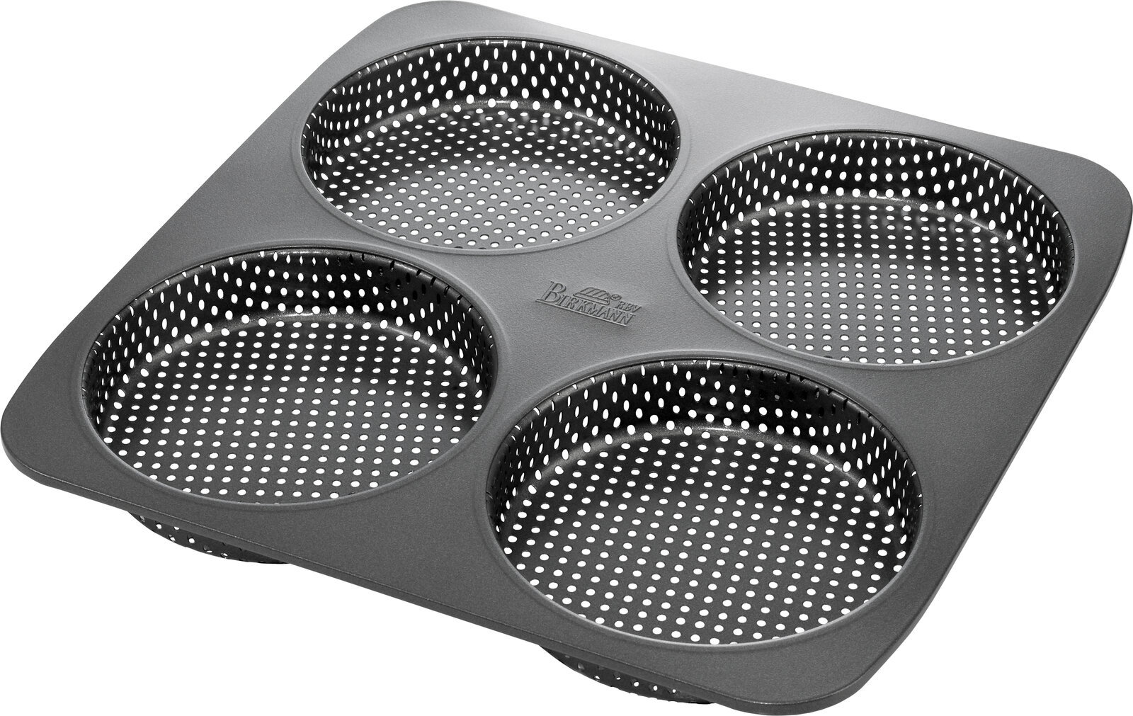 Burger Brötchen-Blech mit vier runden Formen, perforiert für gleichmäßiges Backen, aus schräger Perspektive fotografiert.