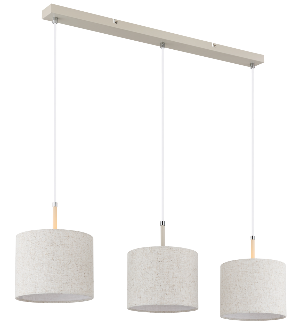 Moderne Hängeleuchte mit drei zylinderförmigen Lampenschirmen in Leinenoptik, seitliche Perspektive.