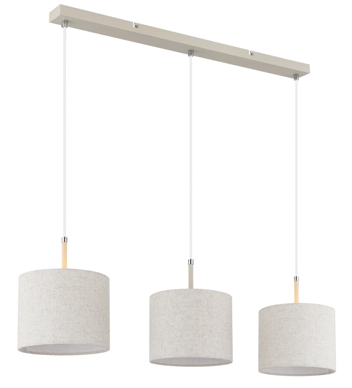 Moderne Hängeleuchte mit drei zylinderförmigen Lampenschirmen in Leinenoptik, seitliche Perspektive.