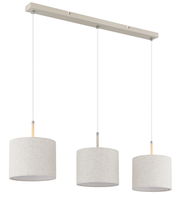 Moderne Hängeleuchte mit drei zylinderförmigen Lampenschirmen in Leinenoptik, seitliche Perspektive.