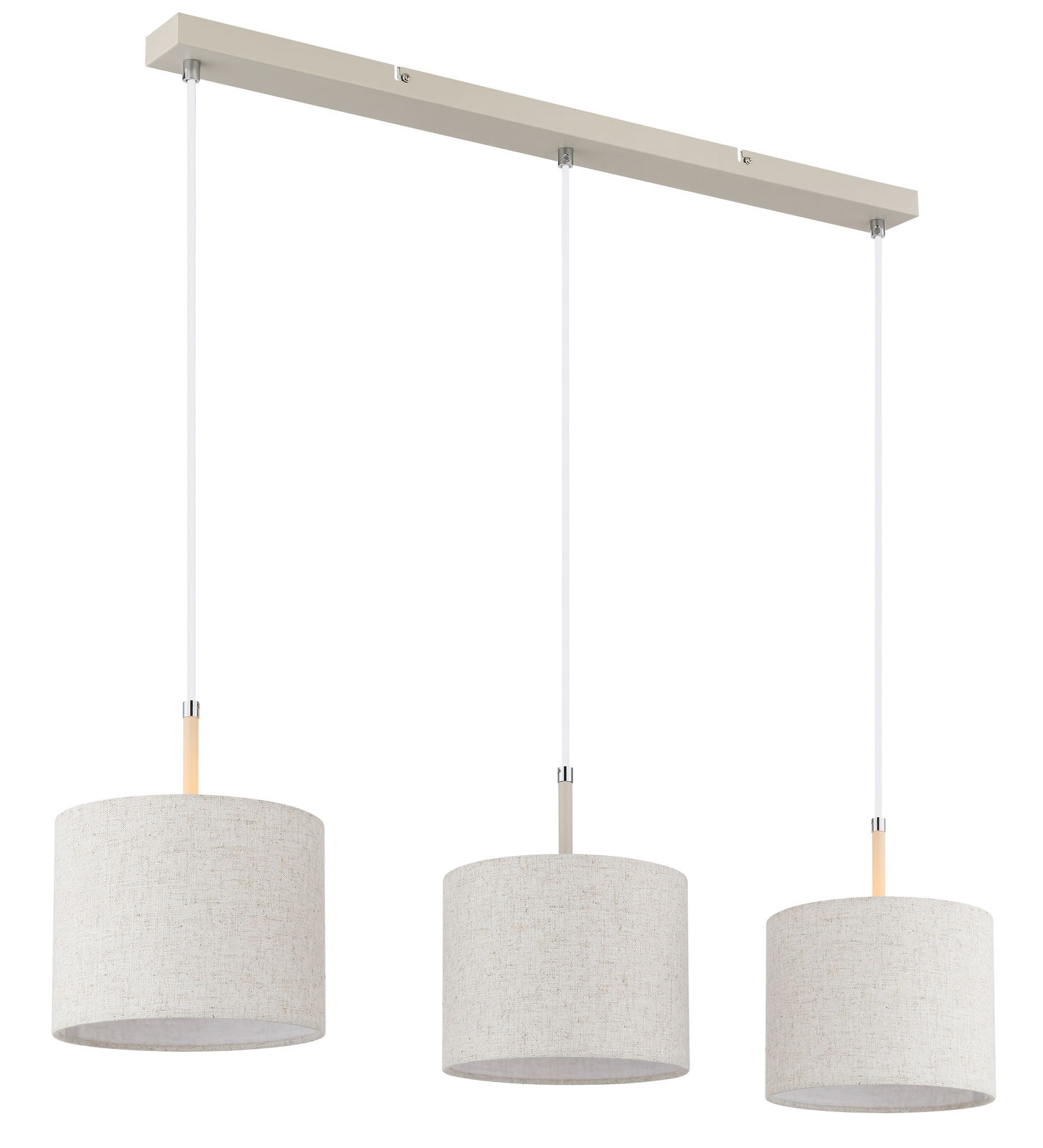 Moderne Hängeleuchte mit drei zylinderförmigen Lampenschirmen in Leinenoptik, seitliche Perspektive.