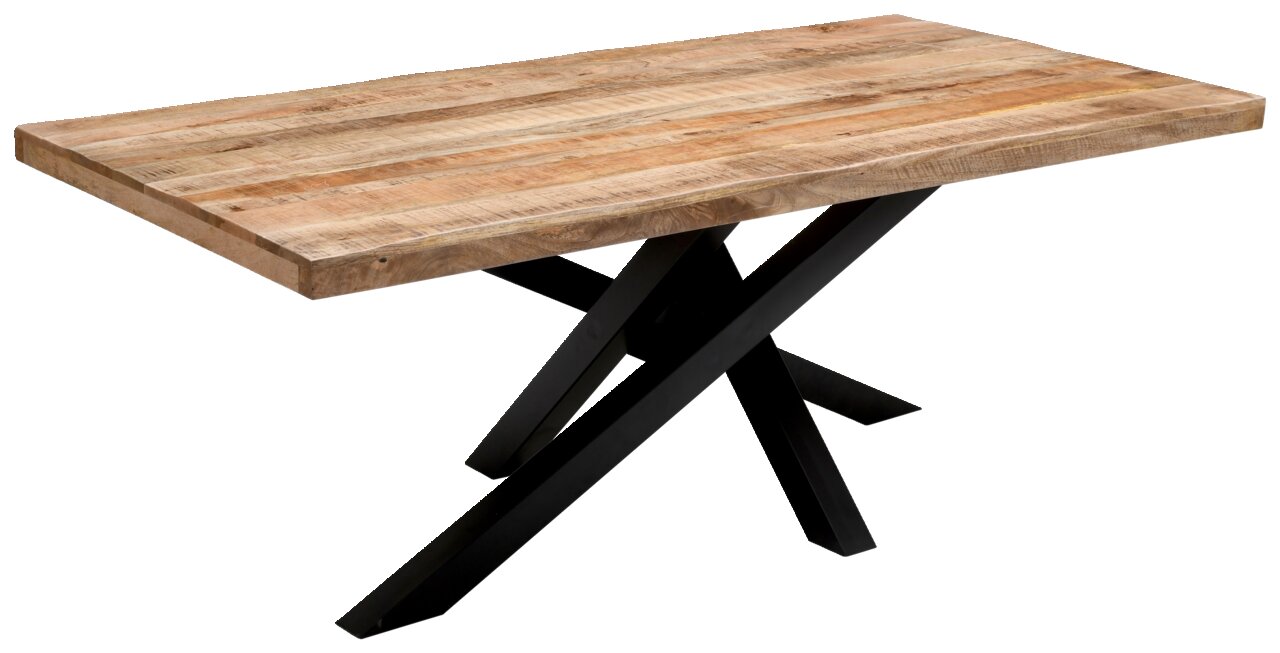Moderner Esstisch aus Holz mit schwarzem Metallgestell, seitliche Perspektive