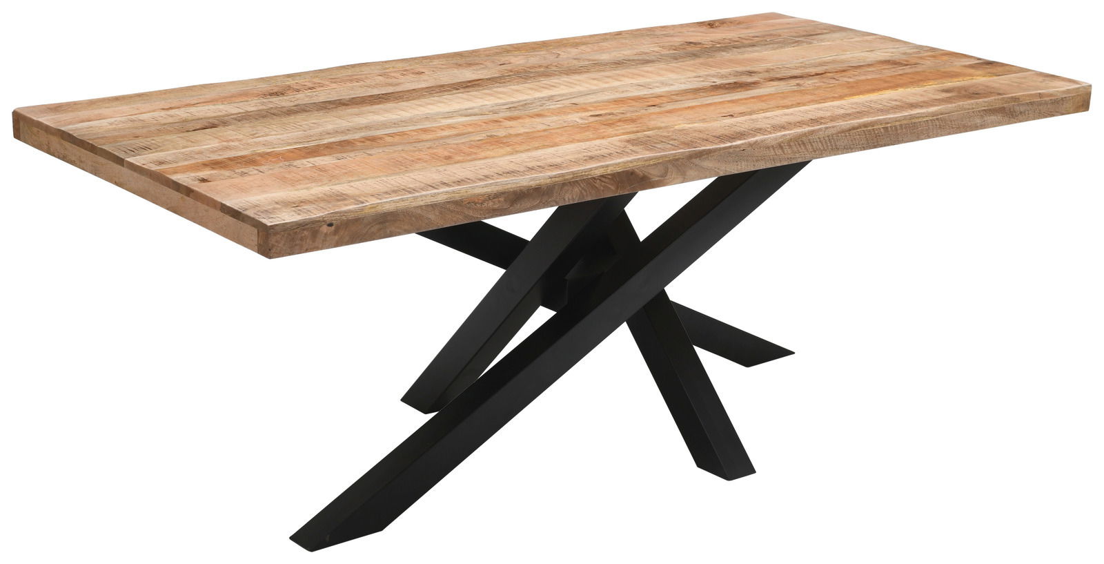 Moderner Esstisch aus Holz mit schwarzem Metallgestell, seitliche Perspektive