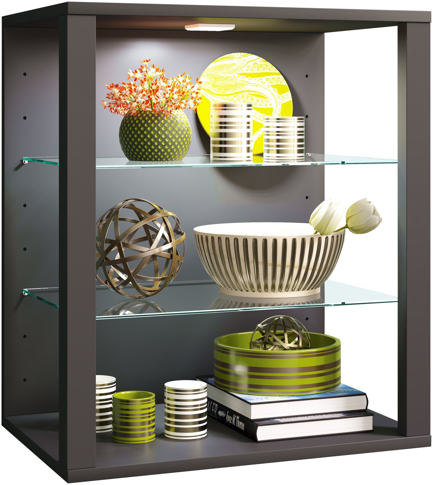 Modernes Regal/Display-Schrank in Anthrazit mit Glasböden und integrierter LED-Beleuchtung, dekoriert mit Vasen, Schalen, Kerzen und Büchern, aus frontaler leicht seitlicher Perspektive.