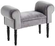 Grauer Hocker mit gepolsterten Armlehnen und schwarzen Beinen, seitliche Perspektive