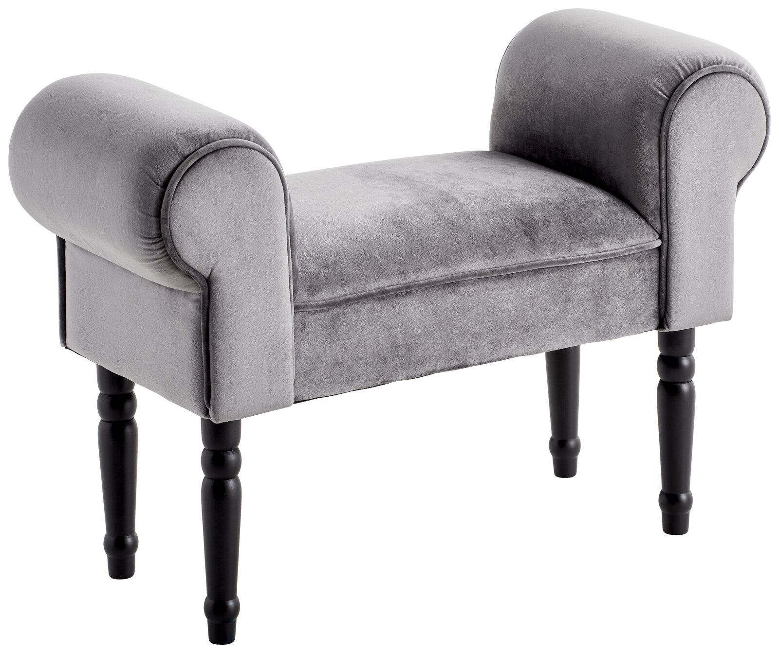 Grauer Hocker mit gepolsterten Armlehnen und schwarzen Beinen, seitliche Perspektive