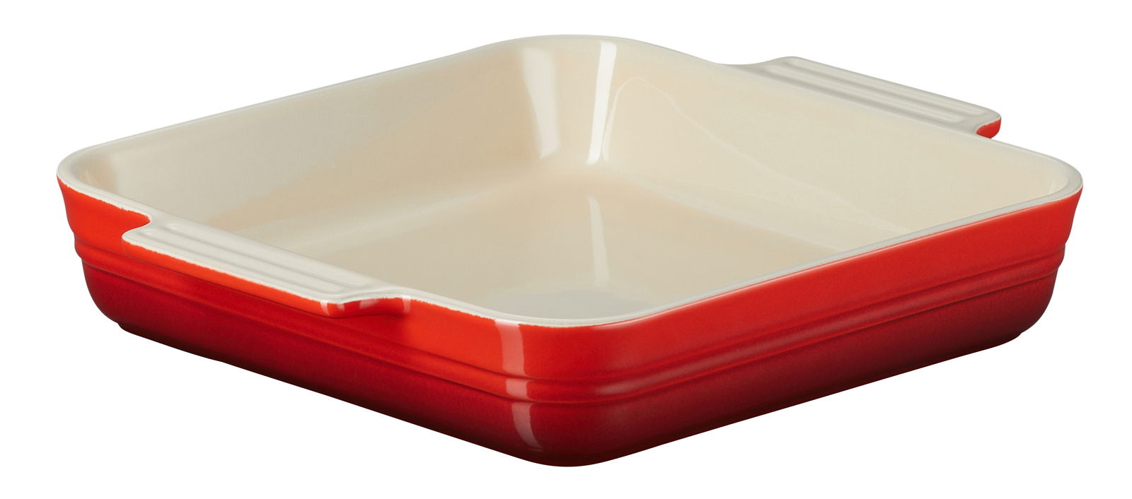 Rote quadratische Auflaufform von Le Creuset aus Keramik, seitliche Perspektive