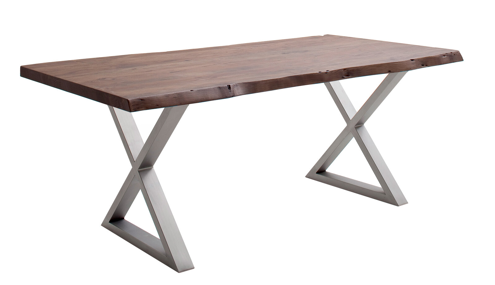 Moderner Esstisch mit Holzplatte und X-förmigen Metallbeinen, seitliche Perspektive