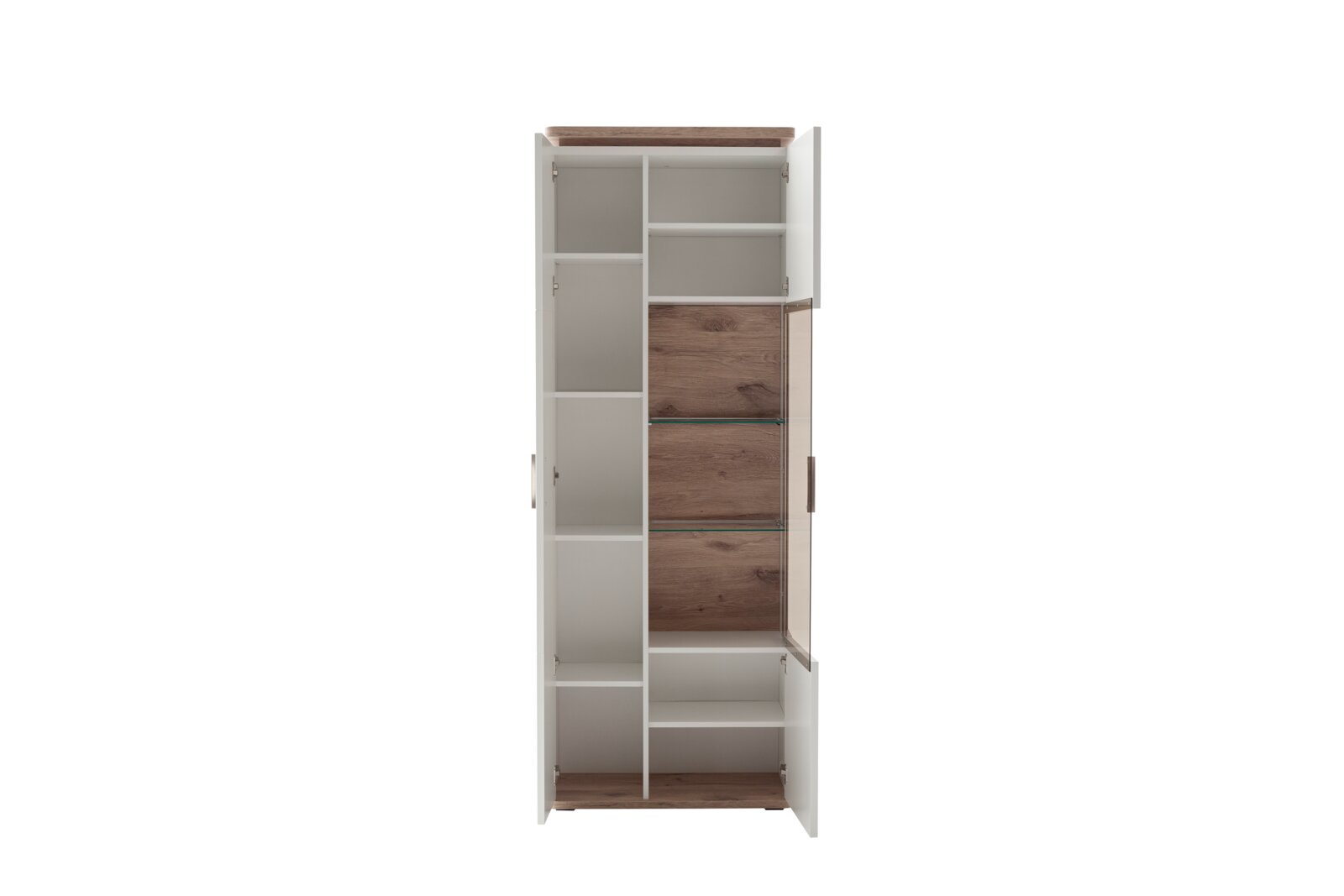 Hoge woonkamerkast/vitrine in wit met elementen in houtlook, deuren open en binnenvakken en glazen legplanken zichtbaar, vooraanzicht
