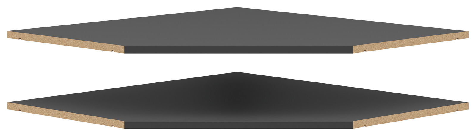 Zwei graue Eckböden aus Holzwerkstoff, übereinander schwebend, in seitlicher Perspektive.