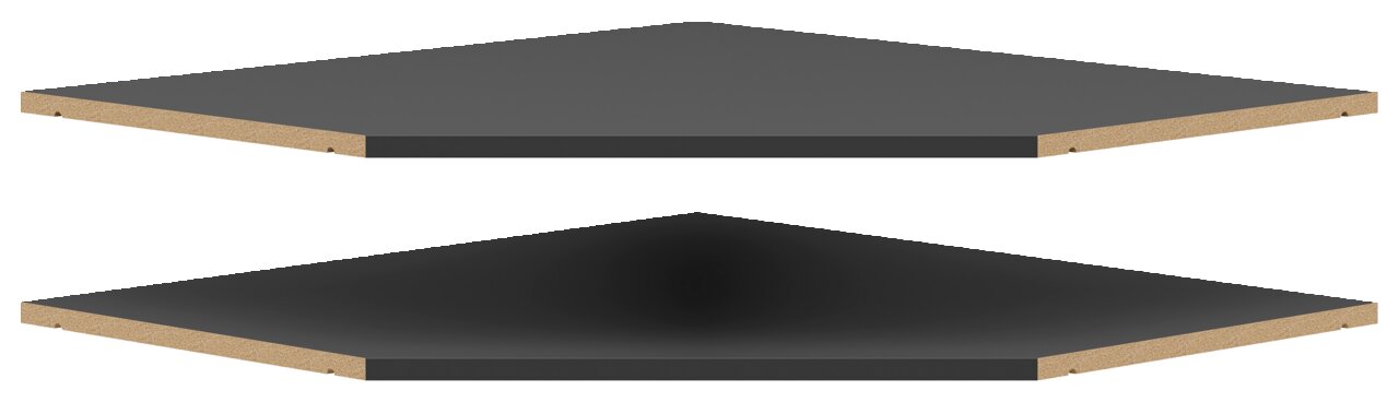 Zwei graue Eckböden aus Holzwerkstoff, übereinander schwebend, in seitlicher Perspektive.