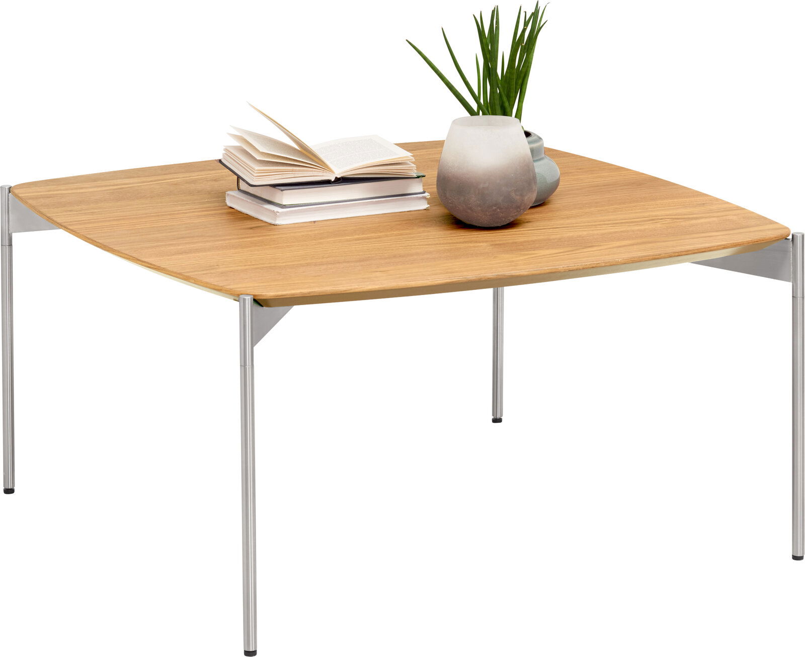 Moderner Couchtisch mit Holzplatte und schlanken Metallbeinen, seitliche Perspektive