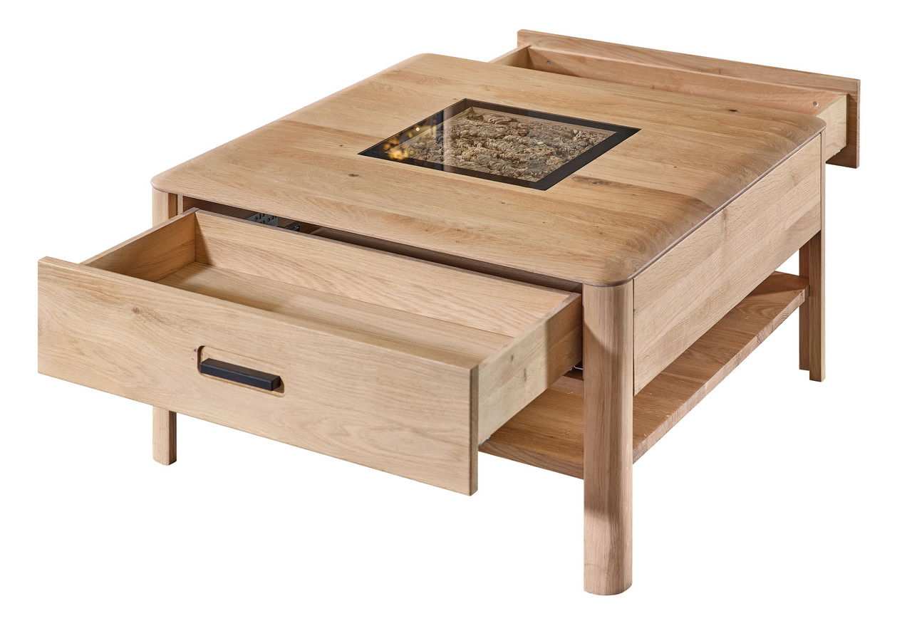 Moderner Couchtisch aus Holz mit Schubladen und Glasplatte, seitliche Perspektive