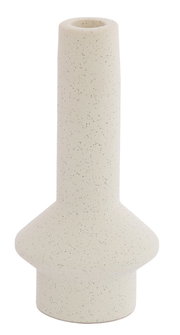 Moderner, sandfarbener Kerzenständer mit minimalistischer Form, aus seitlicher Perspektive fotografiert.