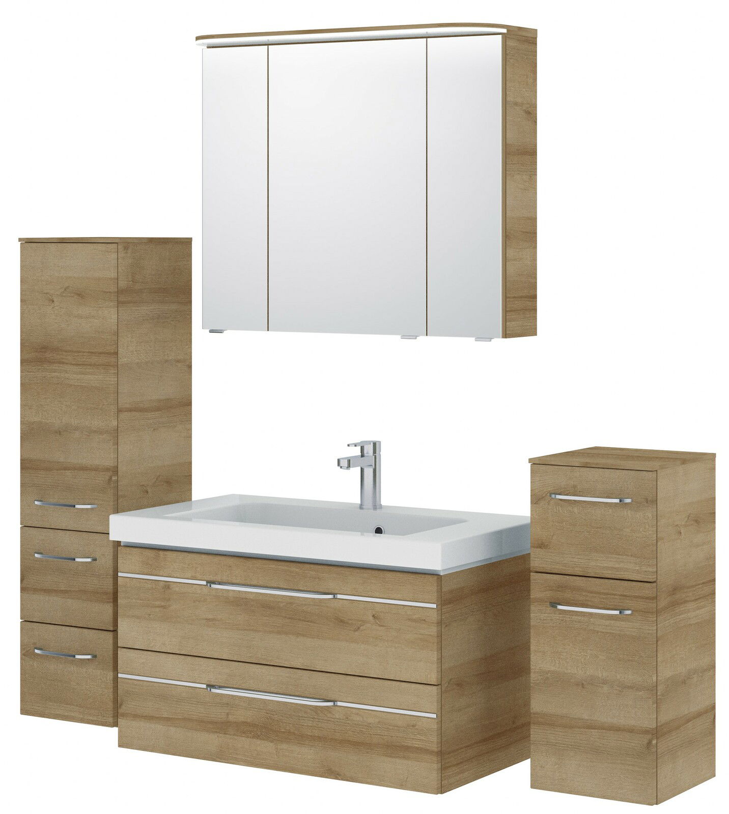 Pelipal Badblok BALTO SPRINT Badezimmermöbel-Set in Holzoptik mit Waschbecken, Spiegelschrank und Stauraum, Frontalansicht