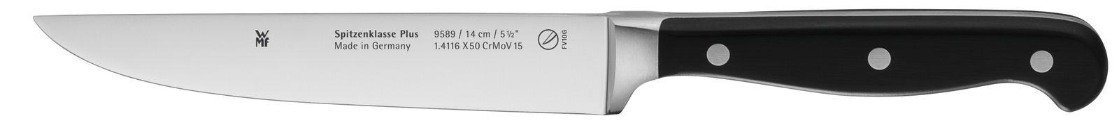 Küchenmesser mit schwarzem Griff und Edelstahlklinge, seitliche Ansicht