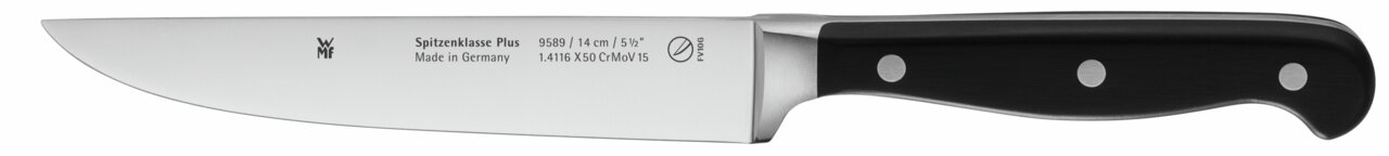 Küchenmesser mit schwarzem Griff und Edelstahlklinge, seitliche Ansicht