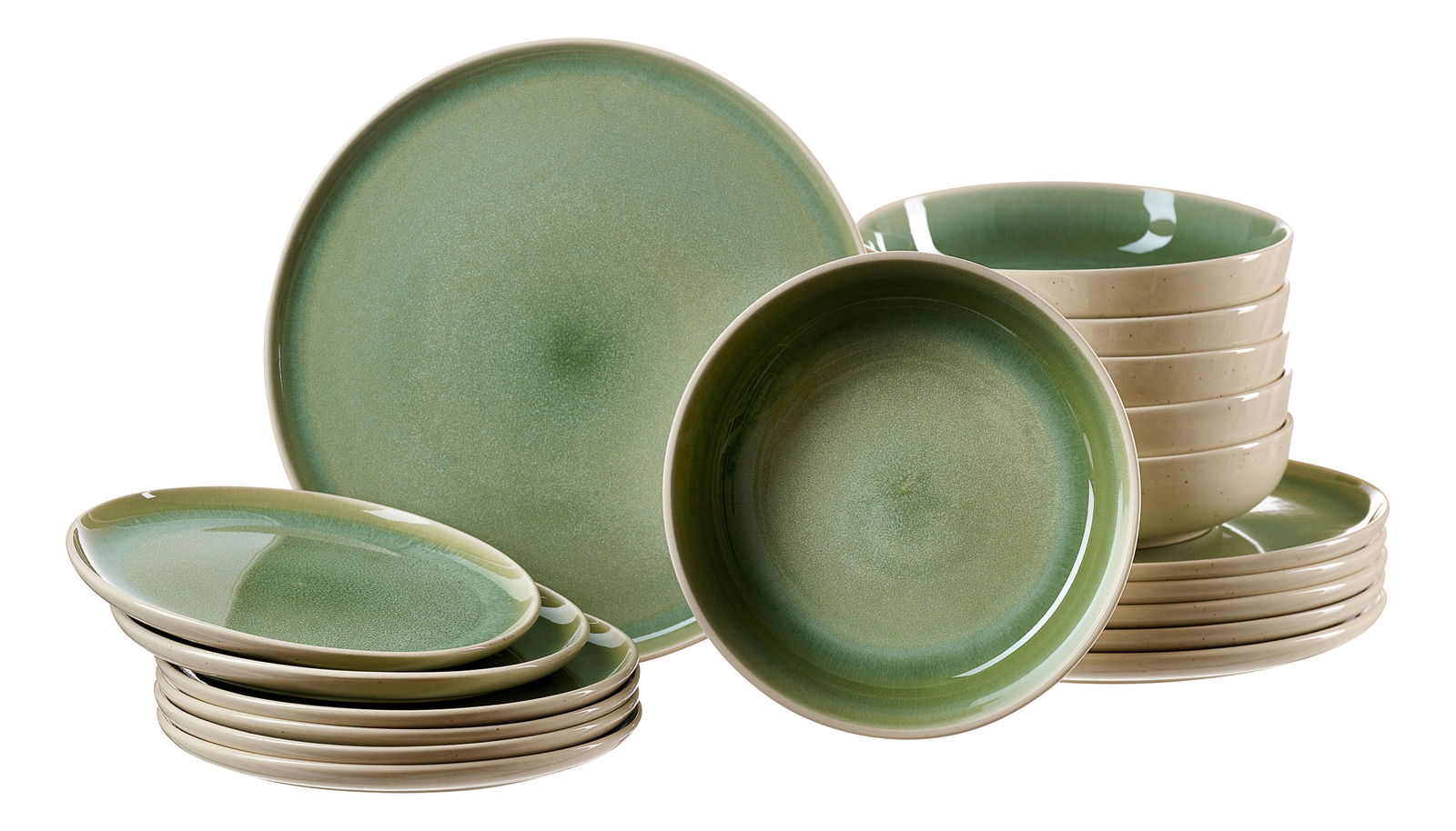 Ritzenhoff & Breker Tellerset 18-tlg. SKOG Tellerset 18-teilig in hellgrün, bestehend aus flachen und tiefen Tellern, aus seitlicher Perspektive fotografiert.