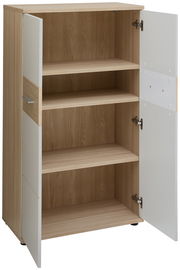 Offener Aktenschrank aus Holz mit zwei weißen Türen, drei Regalböden und einer Frontansicht.