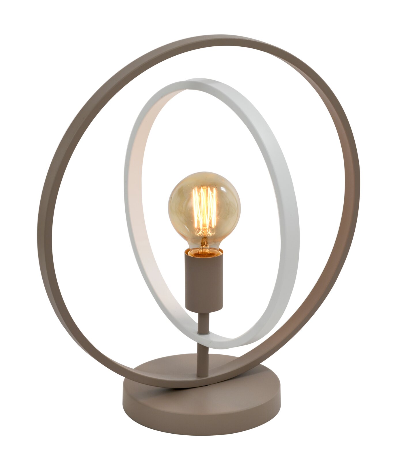Moderne taupekleurige tafellamp met ronde voet, twee ovale metalen ringen en een brandende zichtbare filamentlamp, vanuit vooraanzicht