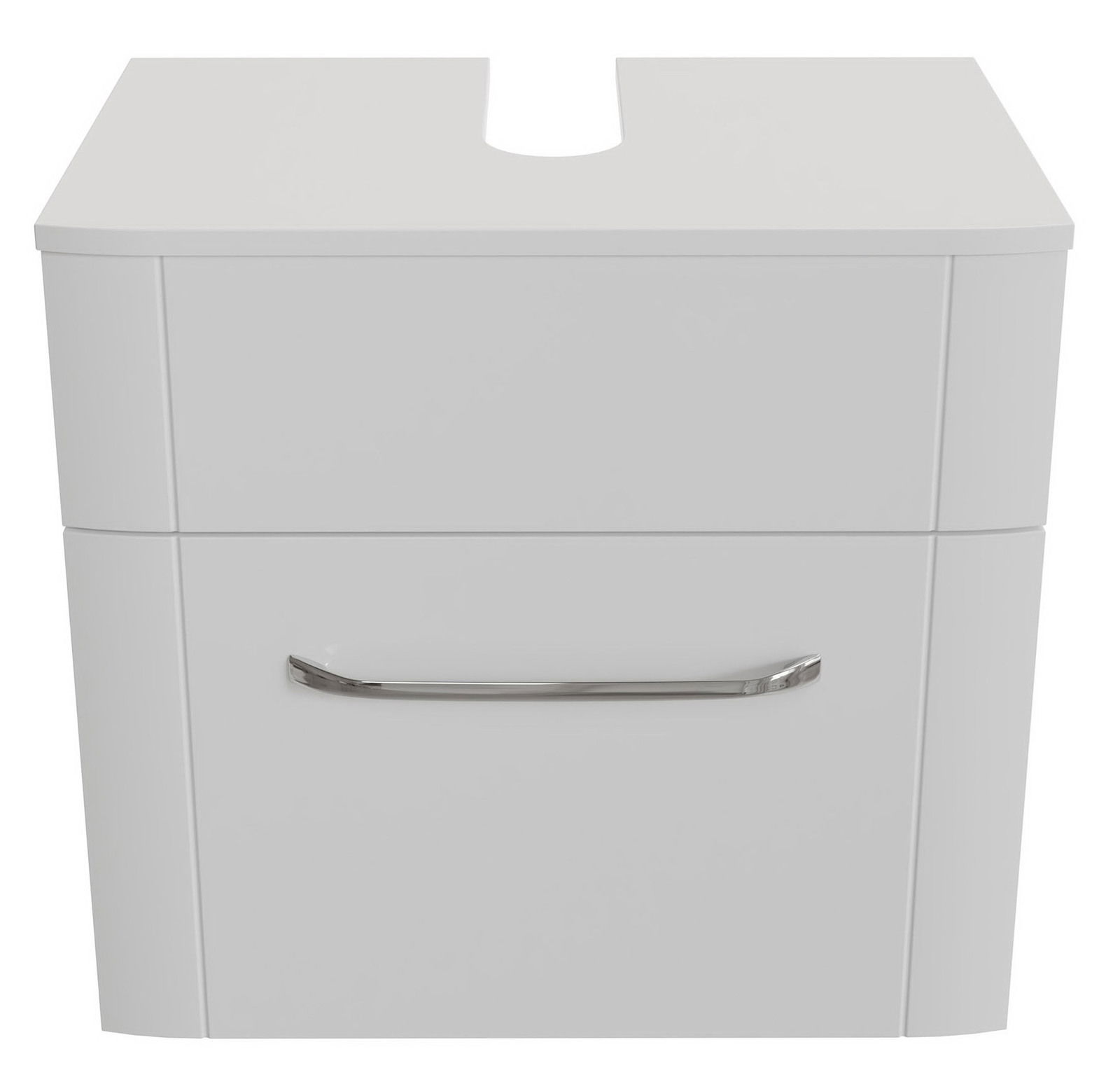Moderner weißer Waschbeckenunterschrank mit Schublade und silbernem Griff, Frontalansicht