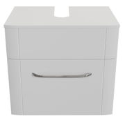 Moderner weißer Waschbeckenunterschrank mit Schublade und silbernem Griff, Frontalansicht