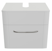 Moderner weißer Waschbeckenunterschrank mit Schublade und silbernem Griff, Frontalansicht