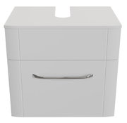 Moderner weißer Waschbeckenunterschrank mit Schublade und silbernem Griff, Frontalansicht