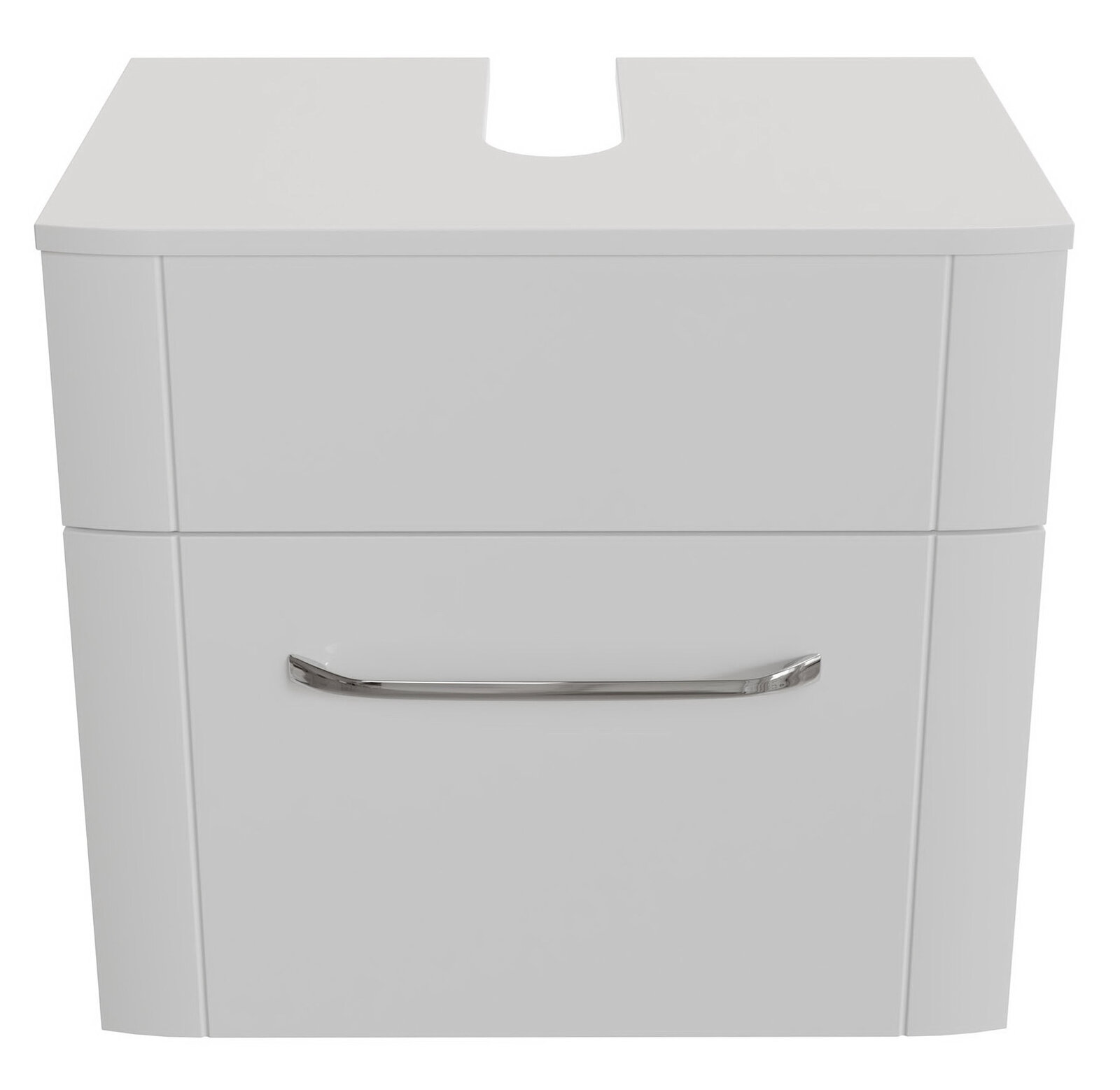 Moderner weißer Waschbeckenunterschrank mit Schublade und silbernem Griff, Frontalansicht