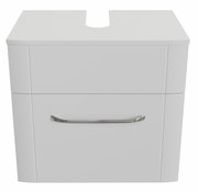 Moderner weißer Waschbeckenunterschrank mit Schublade und silbernem Griff, Frontalansicht
