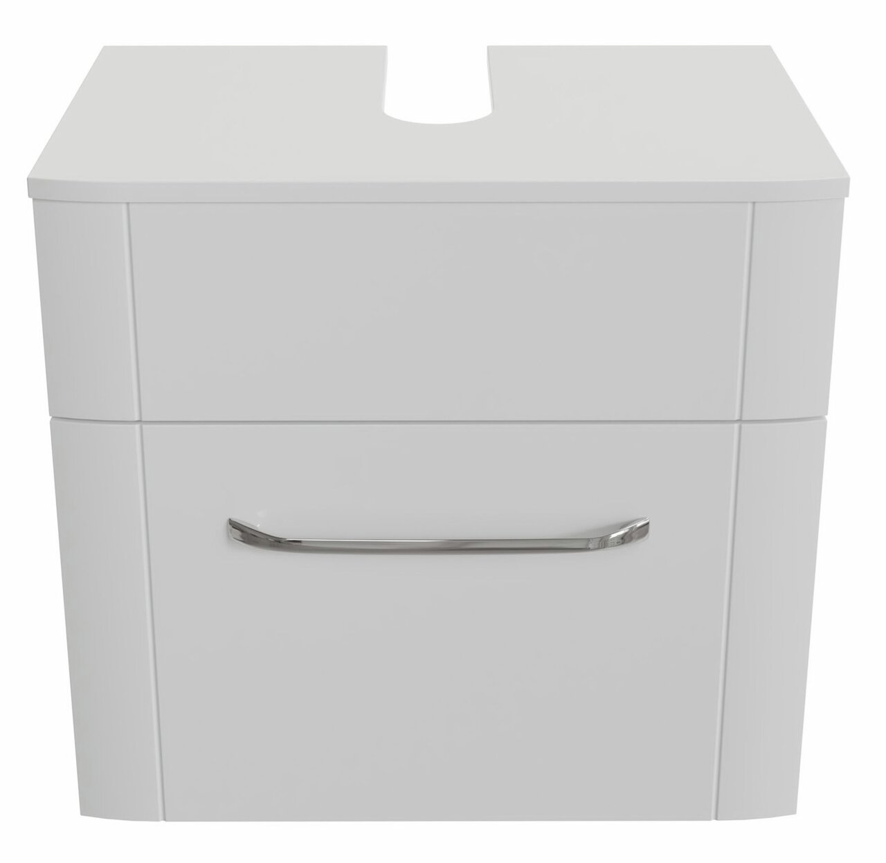 Moderner weißer Waschbeckenunterschrank mit Schublade und silbernem Griff, Frontalansicht