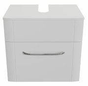 Moderner weißer Waschbeckenunterschrank mit Schublade und silbernem Griff, Frontalansicht