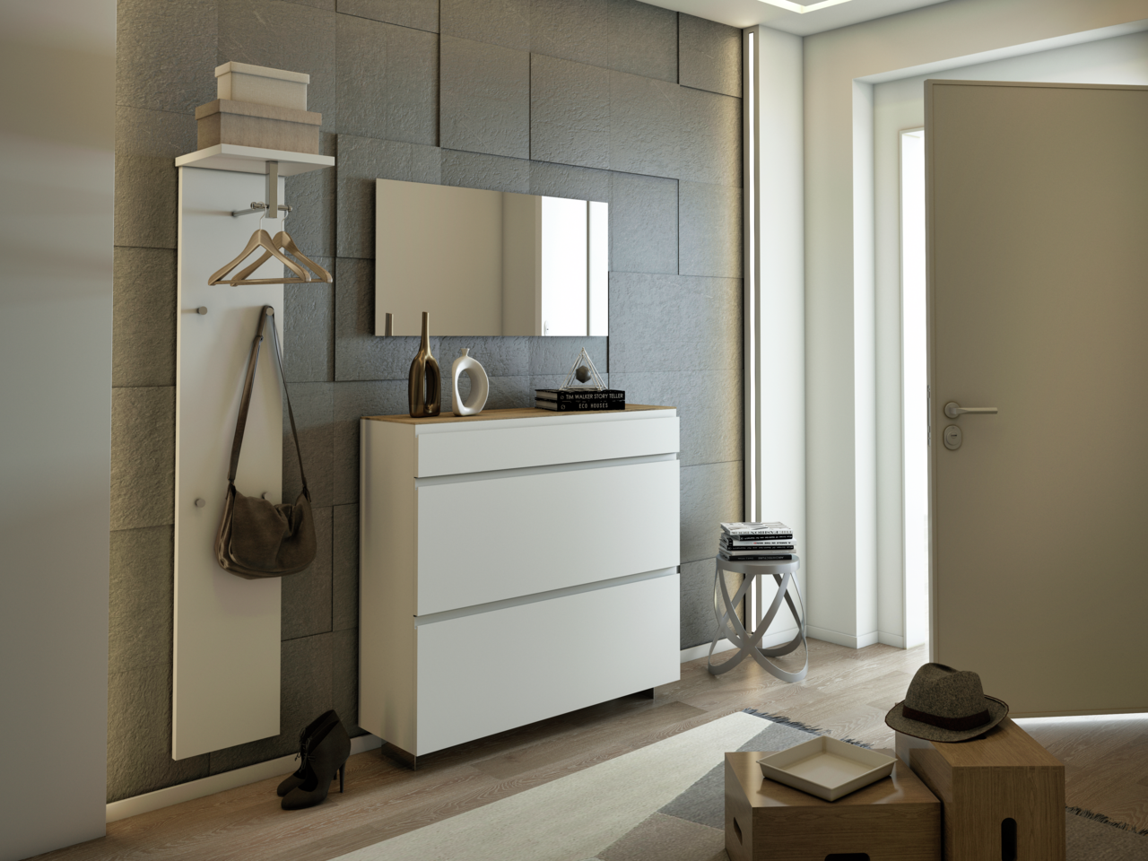 Moderano Hängeschuhschrank LECCO Moderner Eingangsbereich mit weißem Garderobenset, bestehend aus einem Hängeschuhschrank und einem Garderobenpaneel mit Haken und Ablage. Perspektive von vorne.