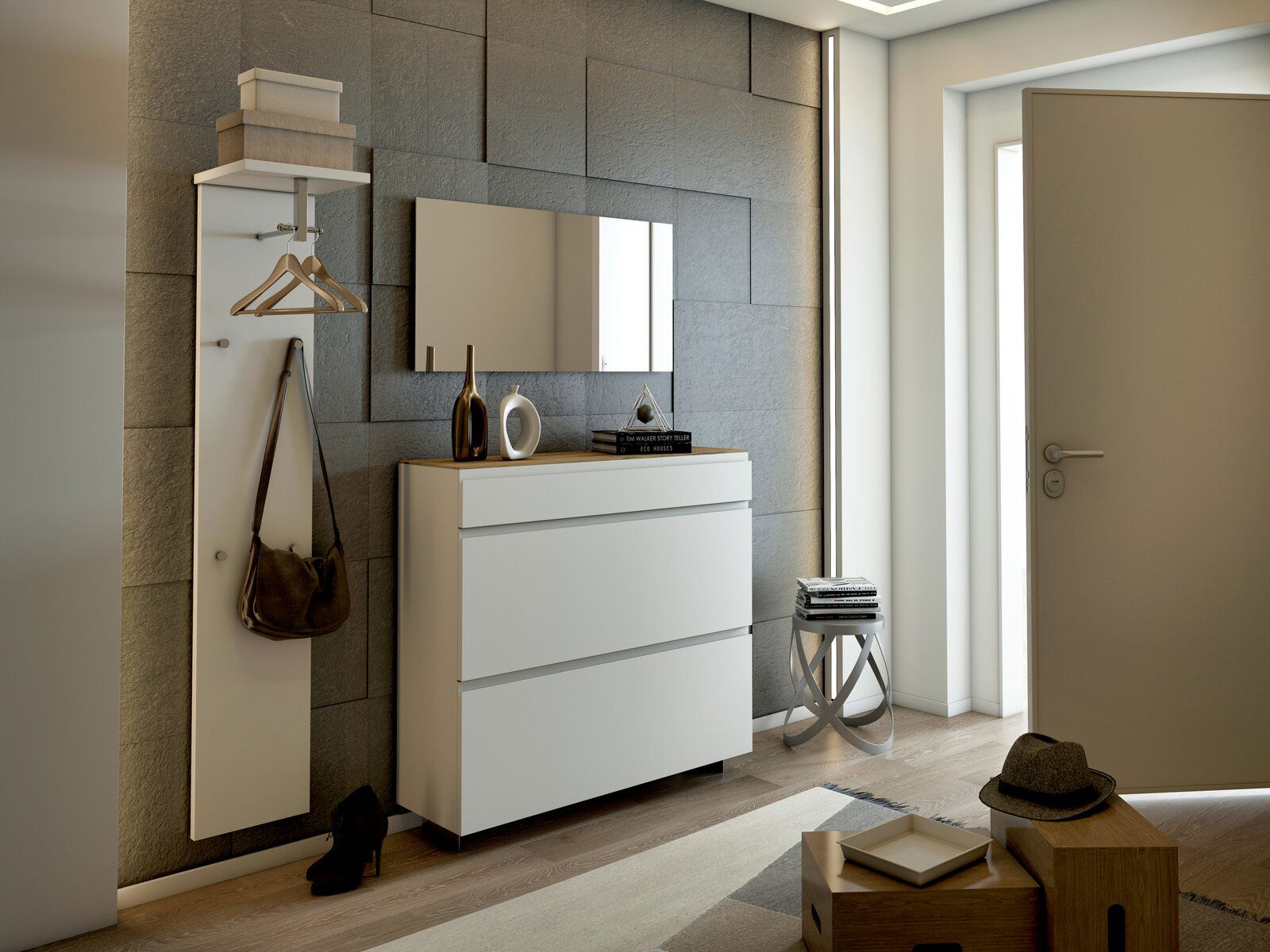 Moderano Hängeschuhschrank LECCO Moderner Eingangsbereich mit weißem Garderobenset, bestehend aus einem Hängeschuhschrank und einem Garderobenpaneel mit Haken und Ablage. Perspektive von vorne.