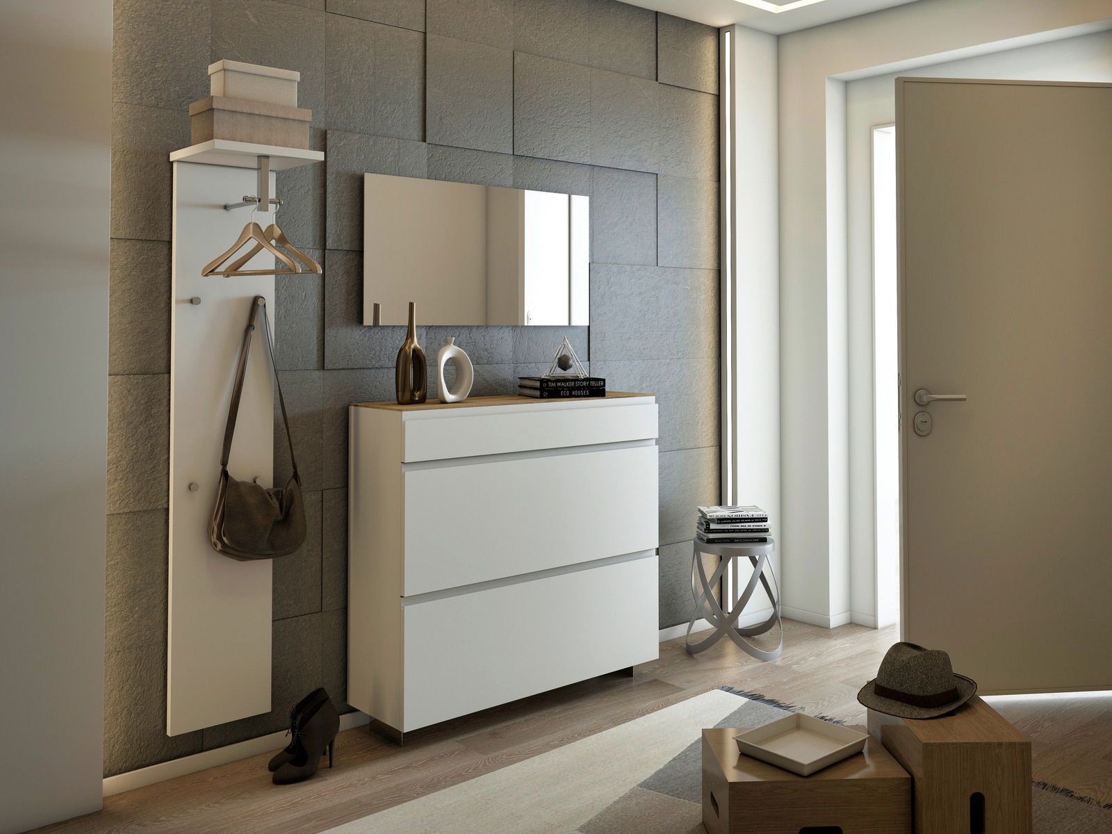 Moderano Hängeschuhschrank LECCO Moderner Eingangsbereich mit weißem Garderobenset, bestehend aus einem Hängeschuhschrank und einem Garderobenpaneel mit Haken und Ablage. Perspektive von vorne.