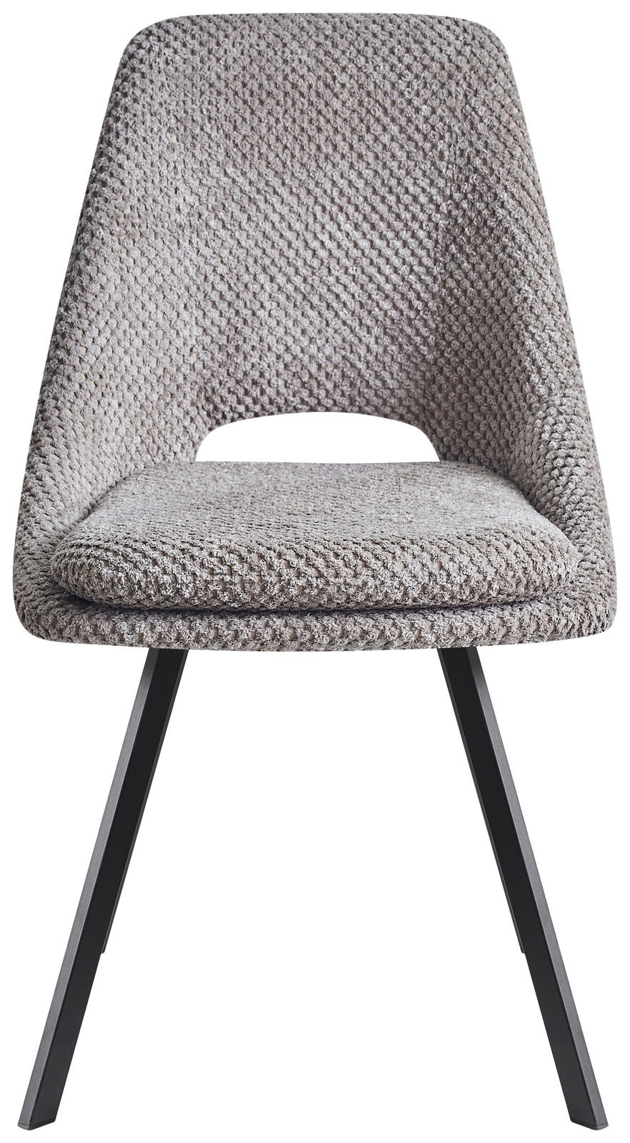 Moderner Stuhl FLAVIO mit grauem Stoffbezug und schwarzen Metallbeinen, Frontalansicht