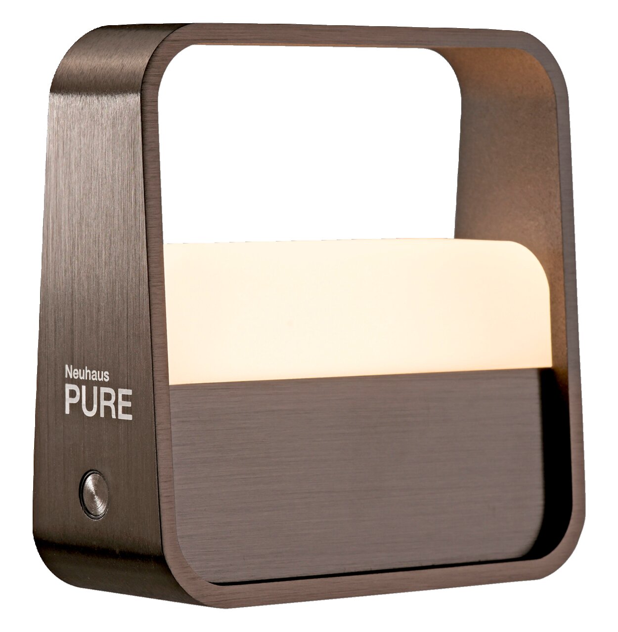 Moderne Tischleuchte PURE Go in gebürstetem Metall mit rechteckigem Rahmen, seitliche Perspektive