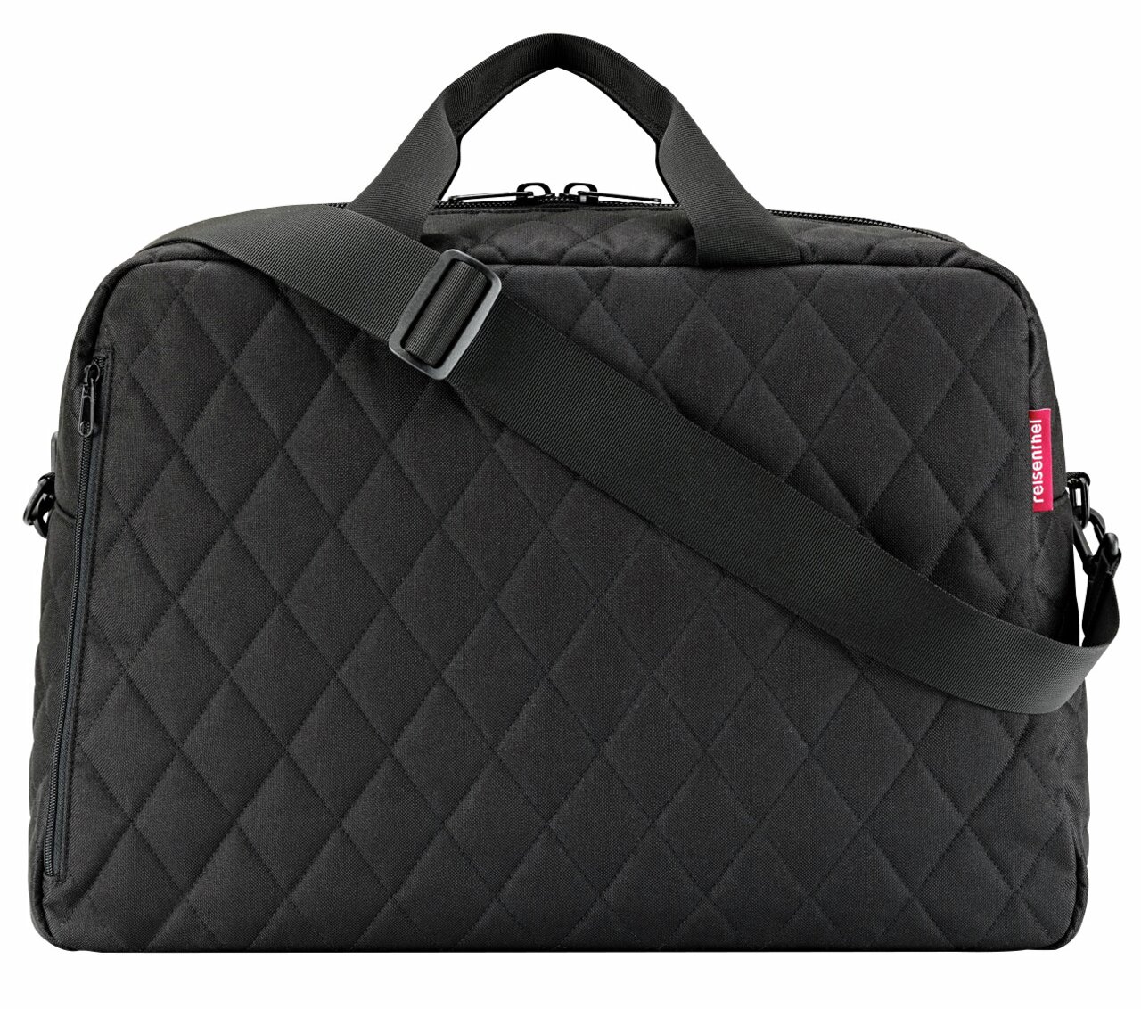 Schwarze Duffelbag mit Rautenmuster, Vorderansicht, mit verstellbarem Schultergurt und Tragegriff.