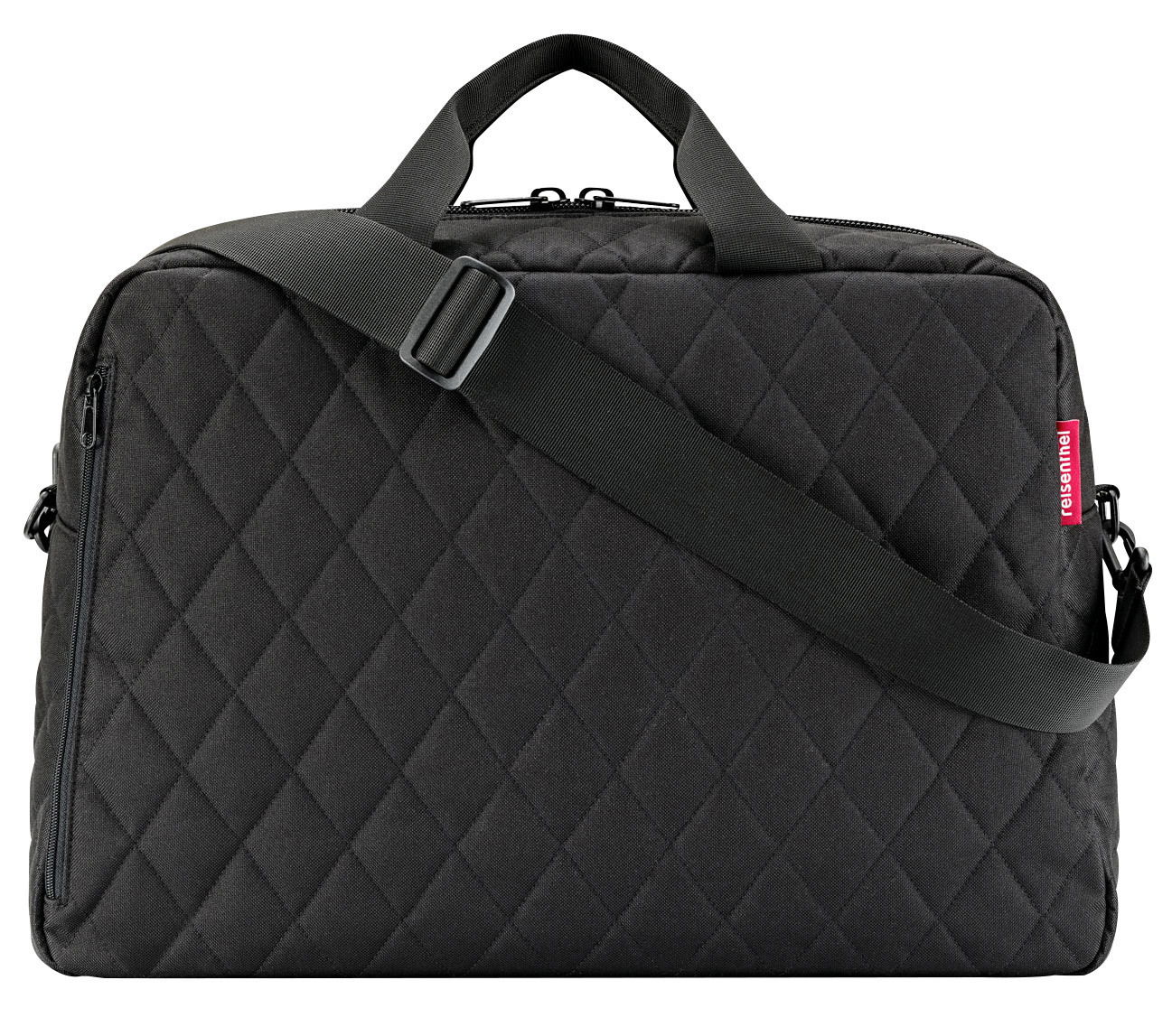 Reisenthel Duffelbag M Rhombus Black Schwarze Duffelbag mit Rautenmuster, Vorderansicht, mit verstellbarem Schultergurt und Tragegriff.