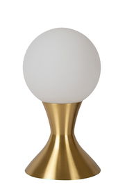 Moderne Tischleuchte mit kugelförmigem, weißem Lampenschirm und elegantem, goldfarbenem Sockel, frontal abgebildet.